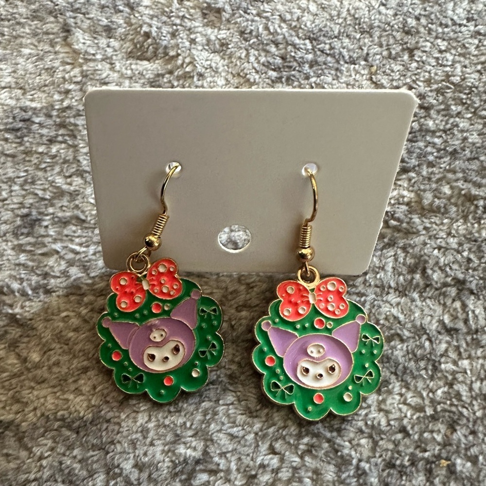 Hello Kitty Kuromi Holiday Christmas Wreath Dangle Earrings Sanrio Trendy